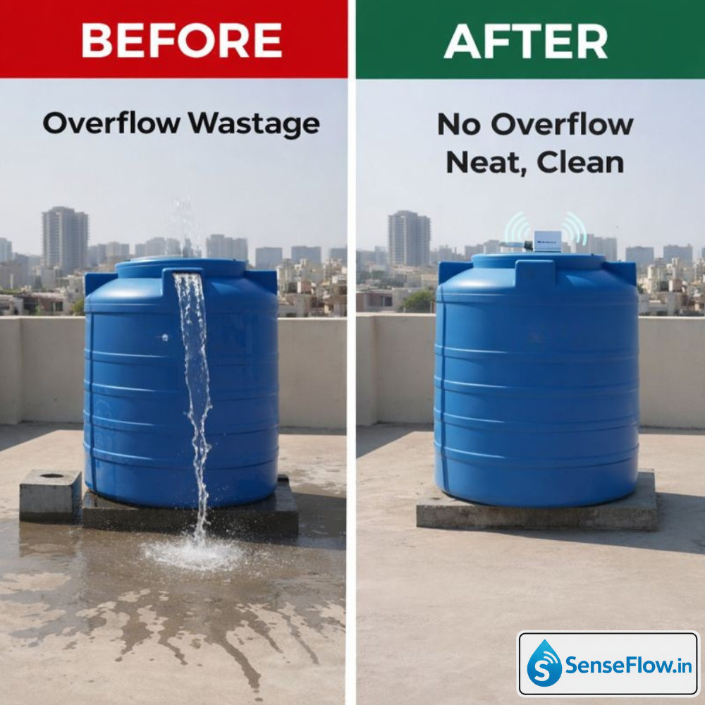 Before: Water tank overflow wastage, After: No overflow with SenseFlow automatic pump controller