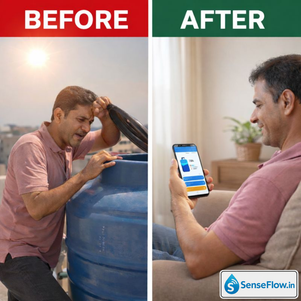 Before: Climbing stairs to check tank level, After: Check water level from mobile with SenseFlow