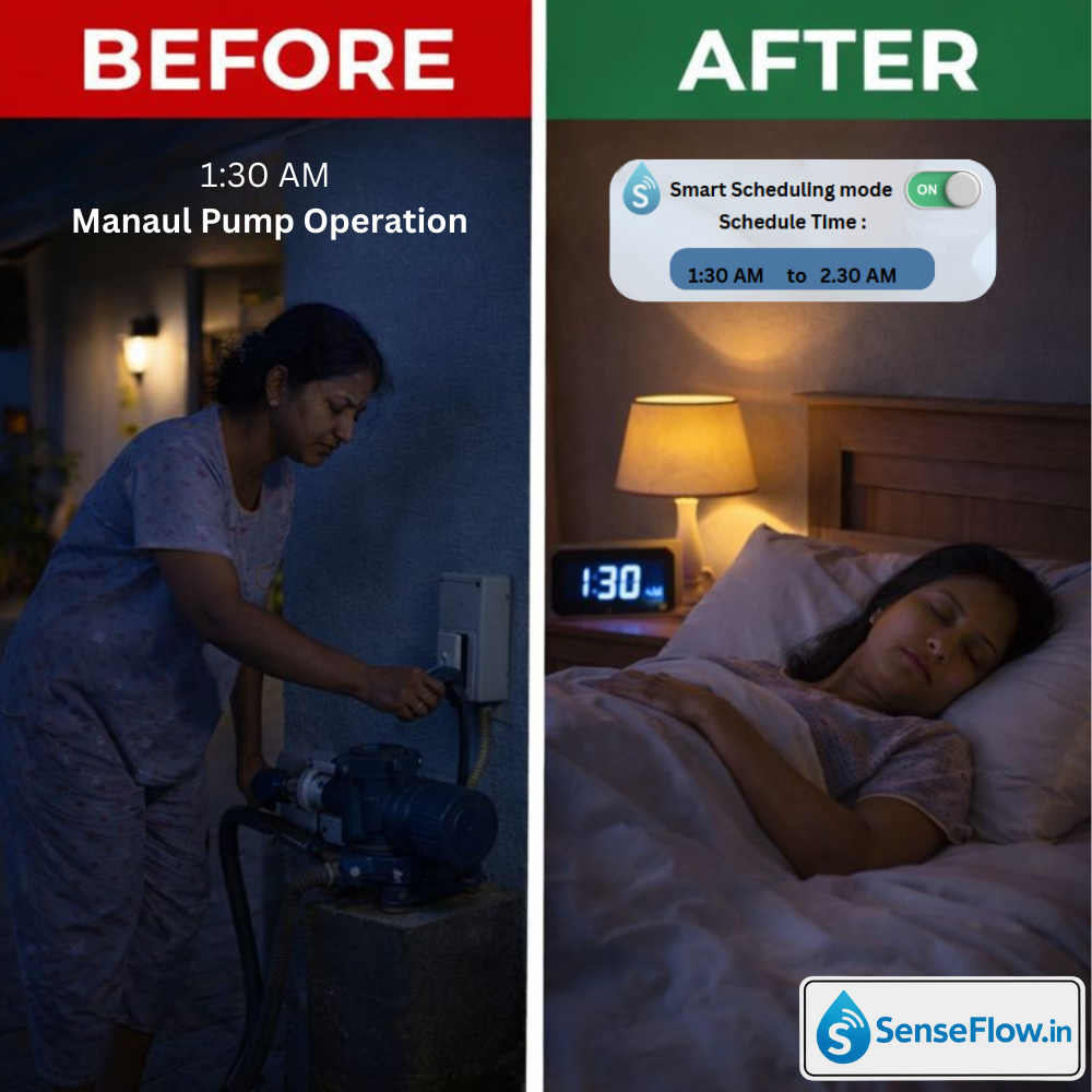 Before: Waking up at night for manual pump operation, After: Smart scheduling with SenseFlow