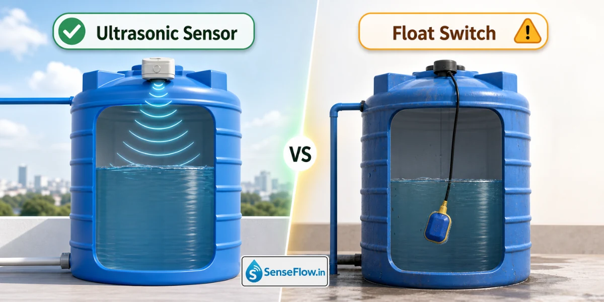 SenseFlow automatic water pump control ultrasonic vs float switch sensor comparison