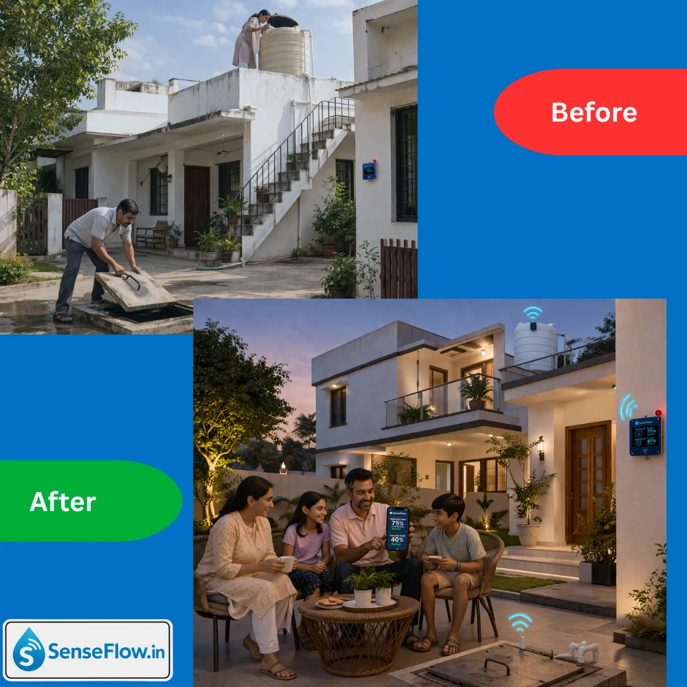SenseFlow Monitor Before After - Wireless Water Level Indicator for Home Use