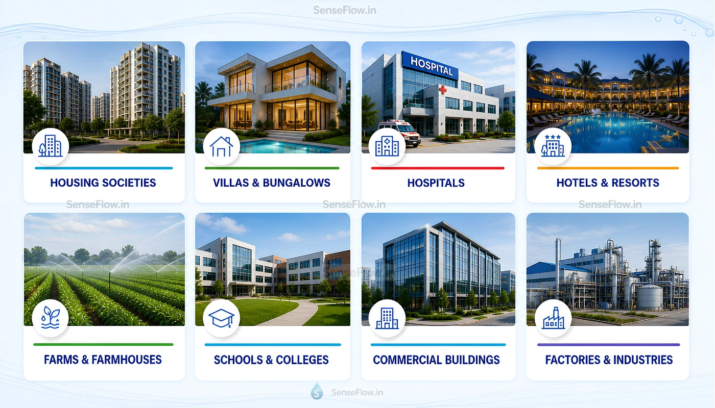 SenseFlow Whom We Serve - automatic water pump controllers and intelligent pump monitoring for housing societies, apartments, villas, bungalows, hospitals, hotels, resorts, farms, farmhouses, schools, colleges, and commercial buildings
